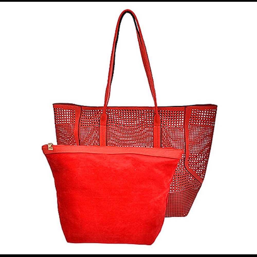Open Weave Red Tote with Zipper Insert-Boutique